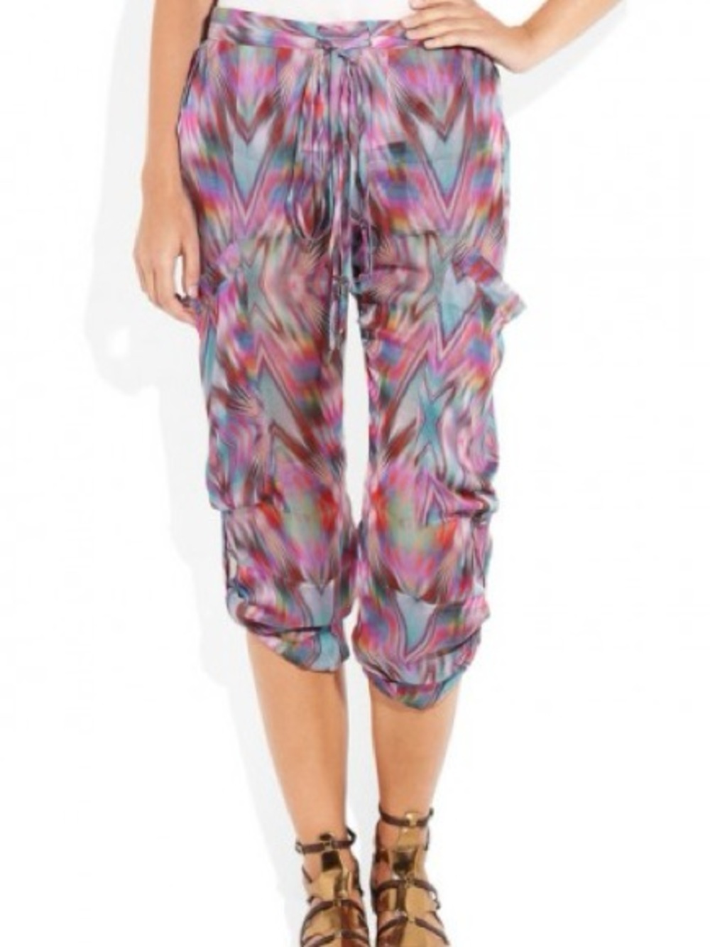 MATTHEW WILLIAMSON size 6 Silk Ikat Print Mousseline Cargo Crop Pants Trousers